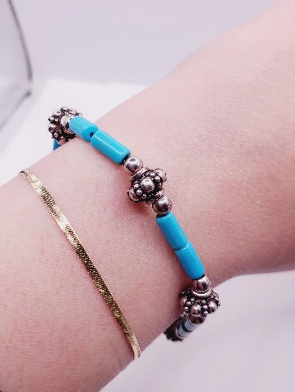 Genuine Turquoise 925 Sterling Silver Bead Bracelet With Toggle Clasp